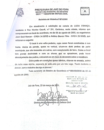 Bairro Esplanada: rua evacuada apresenta risco de desmoronamento desde 2001, segundo Defesa Civil 3 laudos Juiz de Fora page 0003