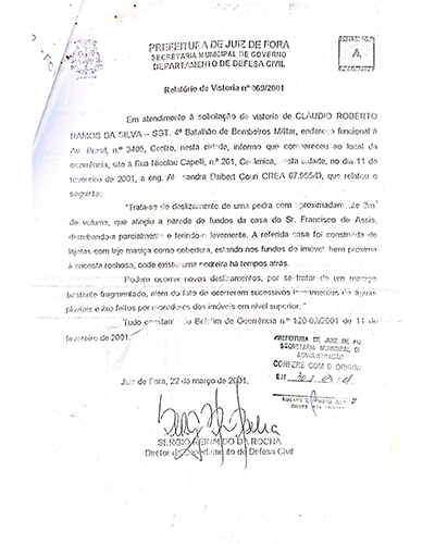Bairro Esplanada: rua evacuada apresenta risco de desmoronamento desde 2001, segundo Defesa Civil 1 laudos Juiz de Fora page 0004
