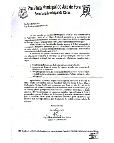 Bairro Esplanada: rua evacuada apresenta risco de desmoronamento desde 2001, segundo Defesa Civil 2 laudos Juiz de Fora page 0007